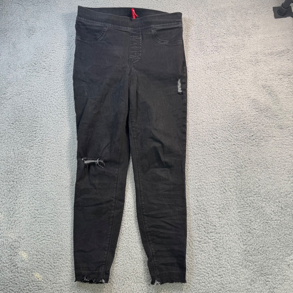 SPANX Black Distressed Denim Jeans Women's L Pull On Stretch